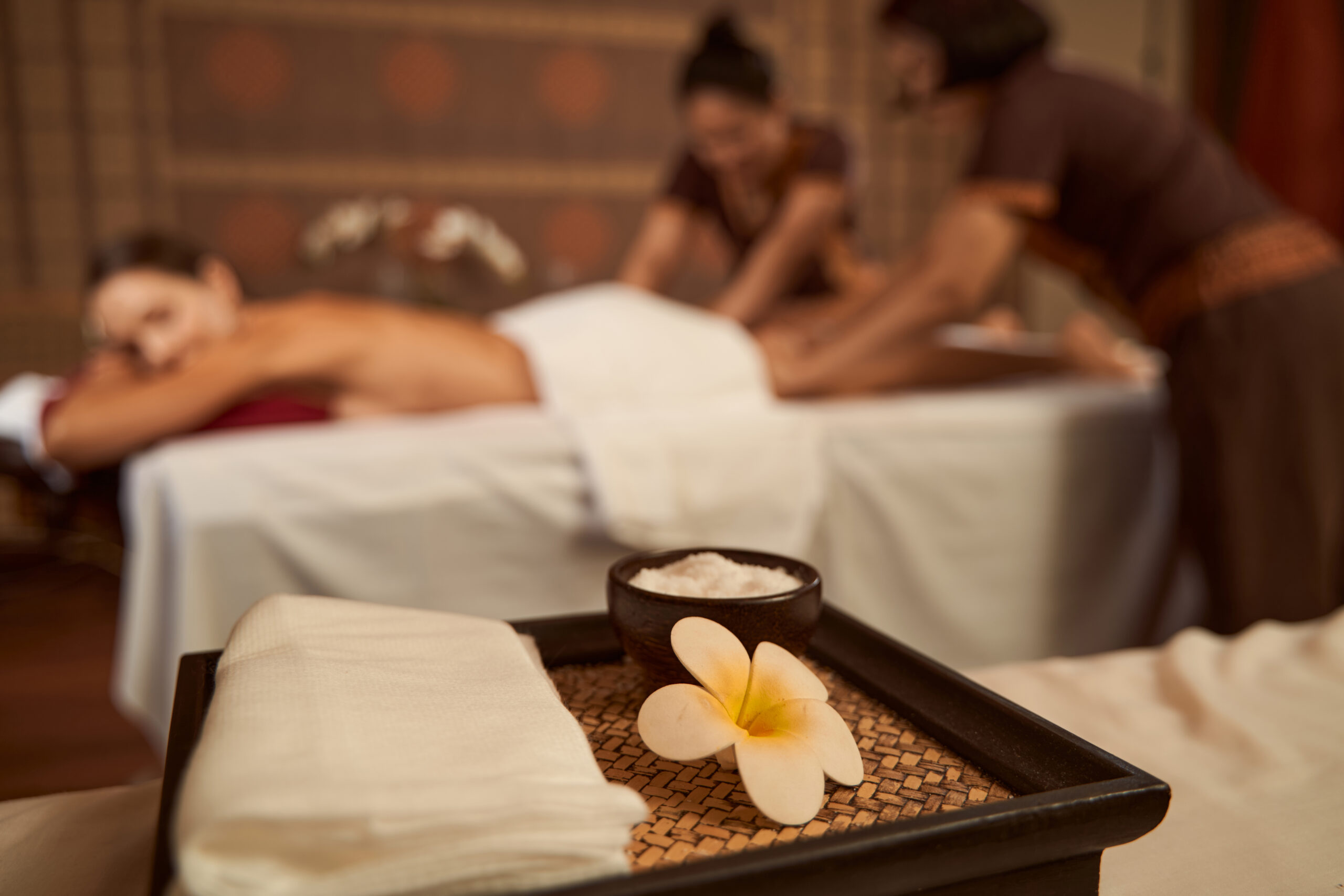 Female client getting four-hand massage in wellness center